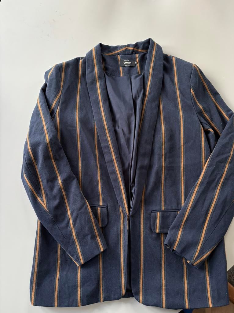 Donkerblauwe blazer met cognac / oranje bruine strepen, Blauw, Maat 42/44 (L), Ophalen of Verzenden, Zo goed als nieuw