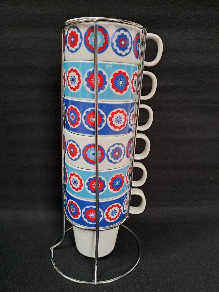 6 Vintage koffiemokken in metalen standaard, Pagnossin, Huis en Inrichting, Keuken | Servies, Ophalen of Verzenden, Zo goed als nieuw