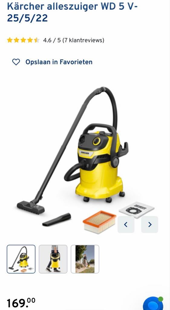 Kärcher WD5 alleszuiger nat en droog, Nieuw, Ophalen of Verzenden, Waterstofzuiger, Minder dan 1200 watt