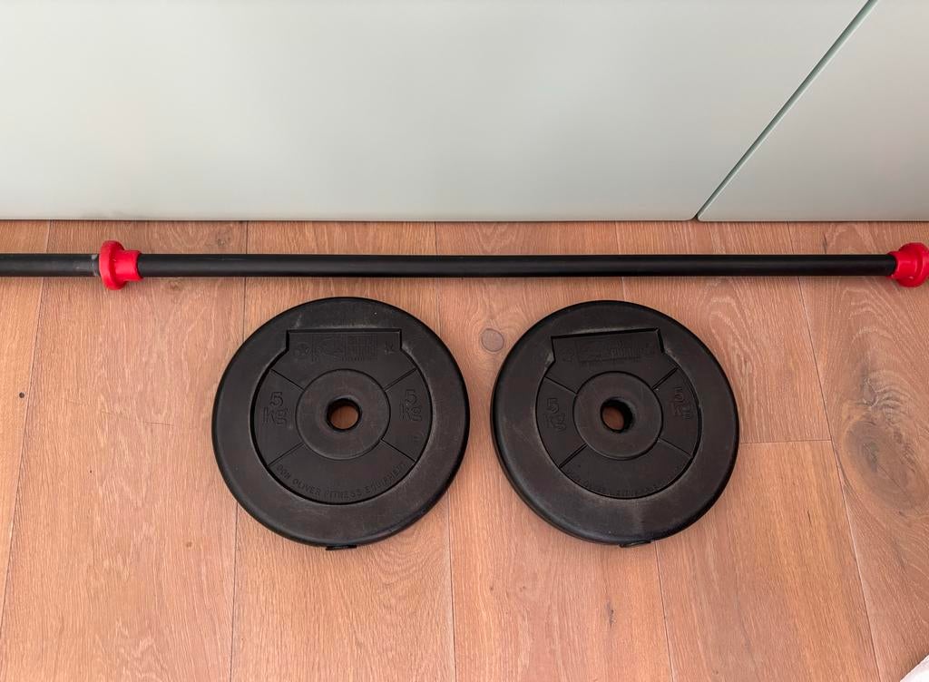 Don Oliver bodypump set (LesMills) 2x 5kg + 2x 2.5kg, Sport en Fitness, Ophalen, Gebruikt, Armen, Halterset