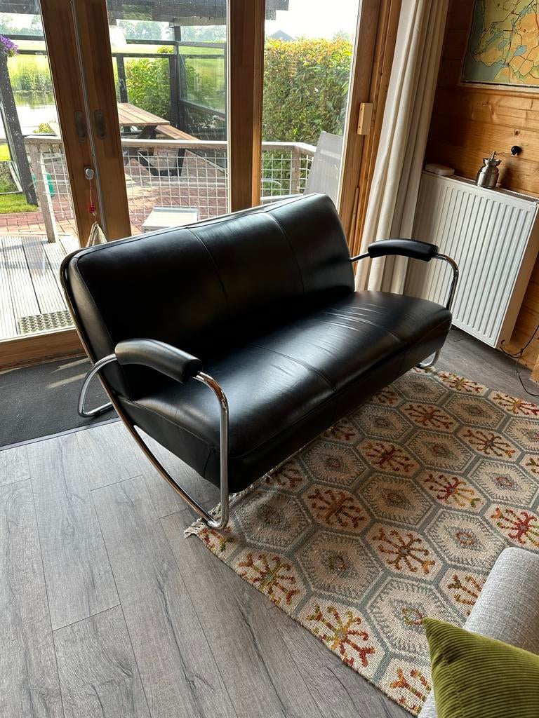 Vintage Bauhaus Stijl Zwart Leren Bankje, Ophalen of Verzenden, Gebruikt, Leer