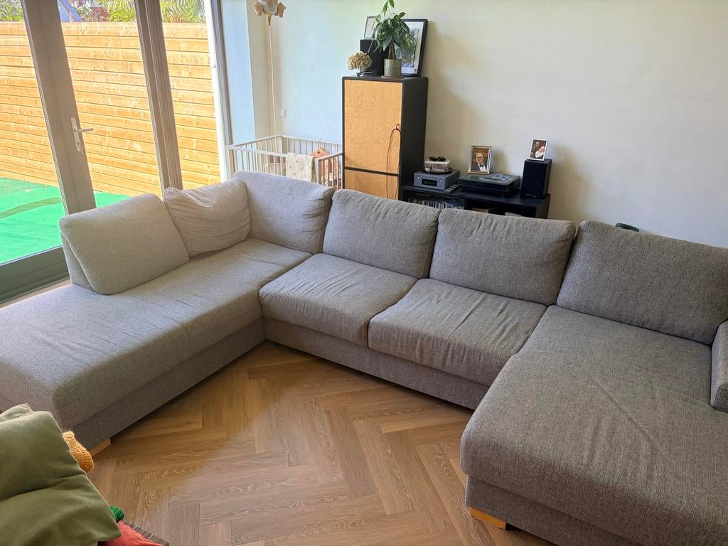 Grote grijze hoekbank met chaise longue (3.40m), Ophalen, Gebruikt, 100 tot 125 cm, Hoekbank