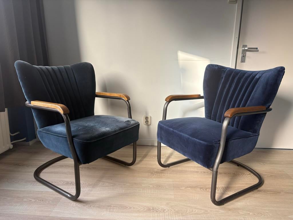 Eleonora Fauteuil Milu Fluweel blauw - set van twee, Huis en Inrichting, Fauteuils, Gebruikt, Stof, 50 tot 75 cm, Minder dan 75 cm