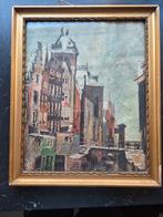 Oud schilderij Amsterdamse gracht met grachtenpanden, Ophalen of Verzenden