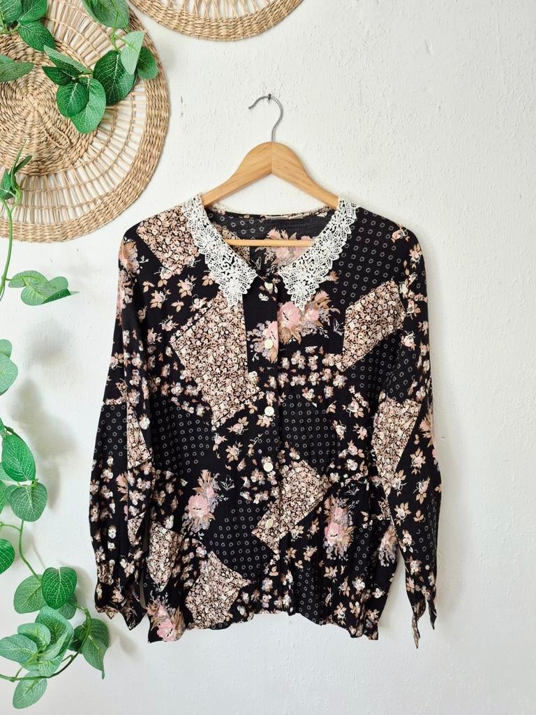 Vintage cottagecore blouse met kanten kraag L, Vintage, Ophalen of Verzenden, Zo goed als nieuw, Maat 42/44 (L)
