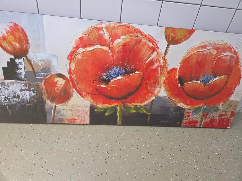 Schilderij met rode bloemen - Canvas 150x60, Ophalen