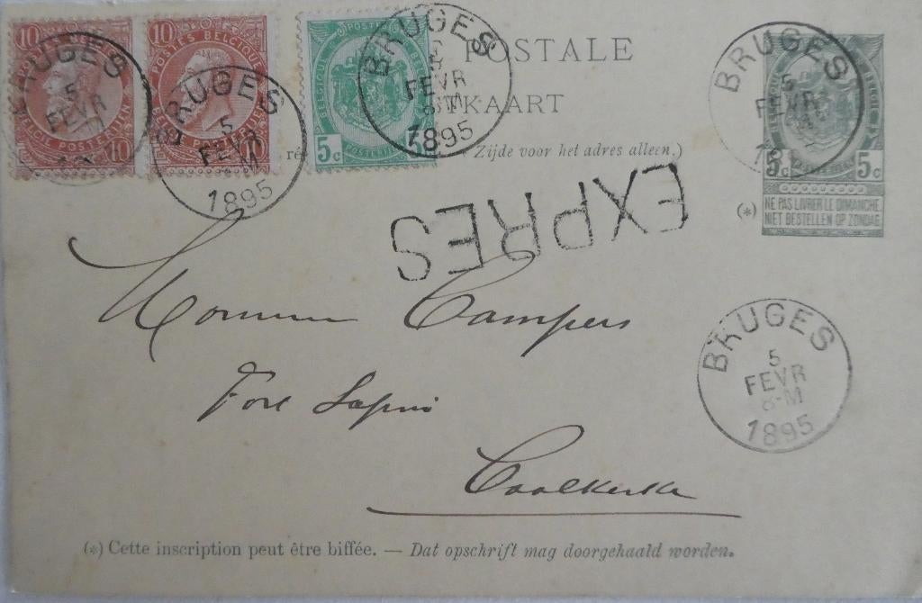 Briefkaart, 1895, EXPRES Brugge – Coolkerke (België), Ophalen of Verzenden, Briefkaart