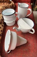 4 oude Wit Emaille items met gekleurde Rand, Ophalen of Verzenden