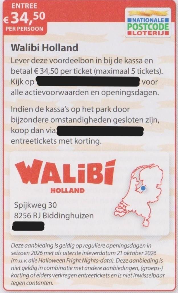 Walibi Holland Biddinghuizen. Entree € 34,50 pp Postcode bon, Tickets en Kaartjes, Drie personen of meer, Kortingskaart