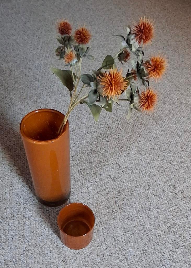 Cognac kleurige glazen vaas met windlicht, Ophalen, Overige kleuren, Minder dan 50 cm, Glas