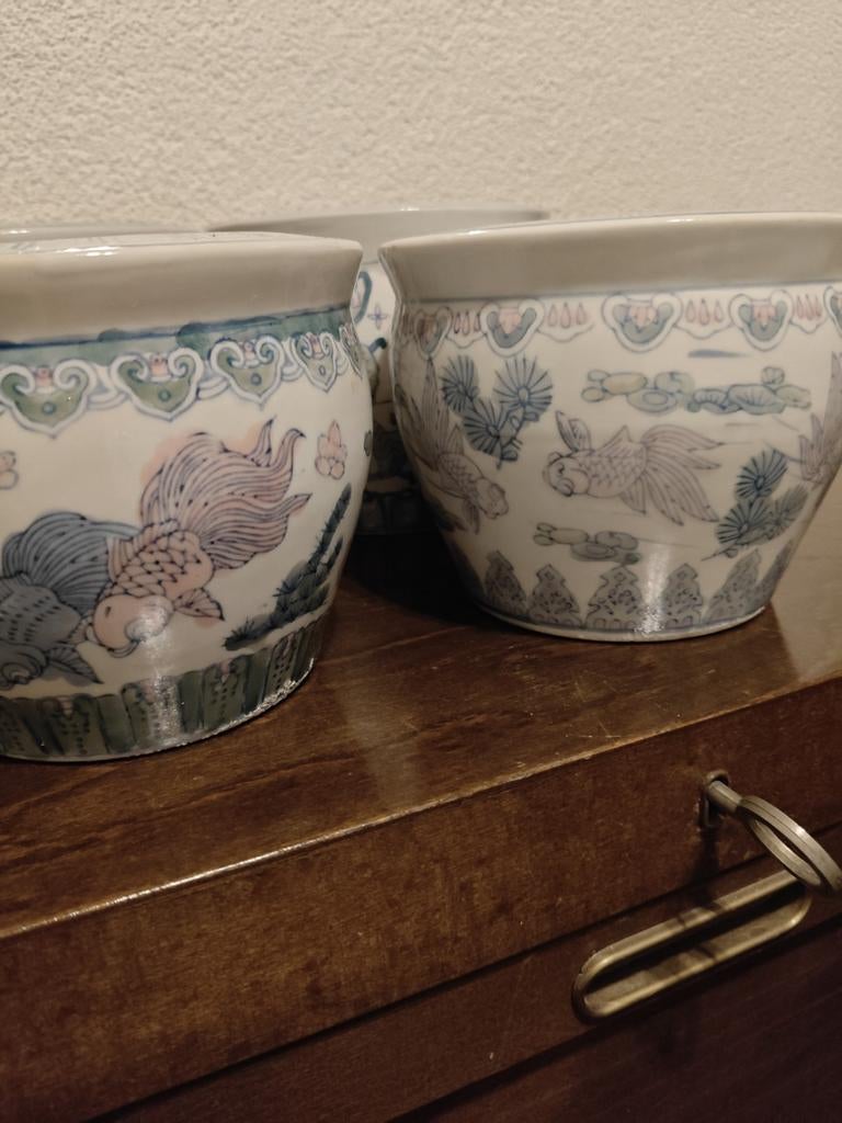 Set van 4 Chinese porseleinen potten met vissen en bloemen, Ophalen of Verzenden