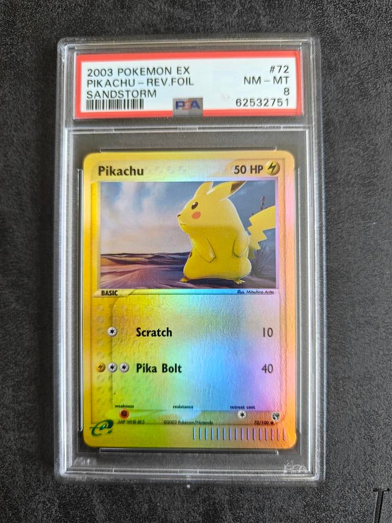 Pikachu Reverse Sandstorm PSA 8, Ophalen of Verzenden, Zo goed als nieuw, Losse kaart, Foil