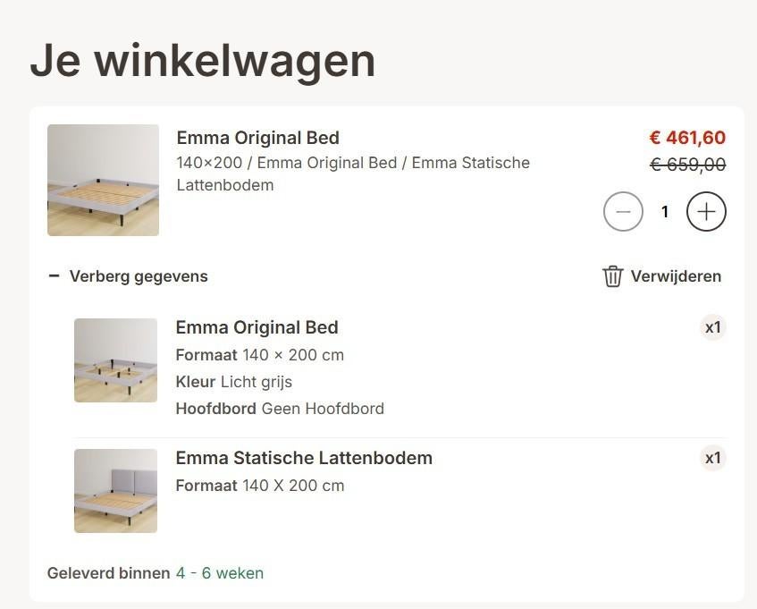 Emma Original bed + Emma statische lattenbodem, Huis en Inrichting, Slaapkamer | Bedden, Ophalen, Overige materialen, Nieuw, 140 cm