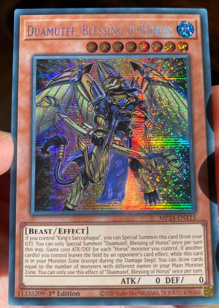 Yu-Gi-Oh! Duamutef, Blessing of Horus MP24 1st Edition !, Ophalen of Verzenden, Zo goed als nieuw, Losse kaart, Foil