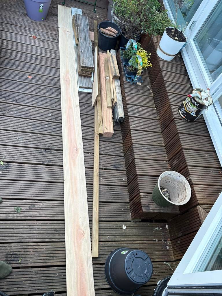 Restpartij hout: diverse planken en balken, Gebruikt, 50 mm of meer, Balk, Ophalen