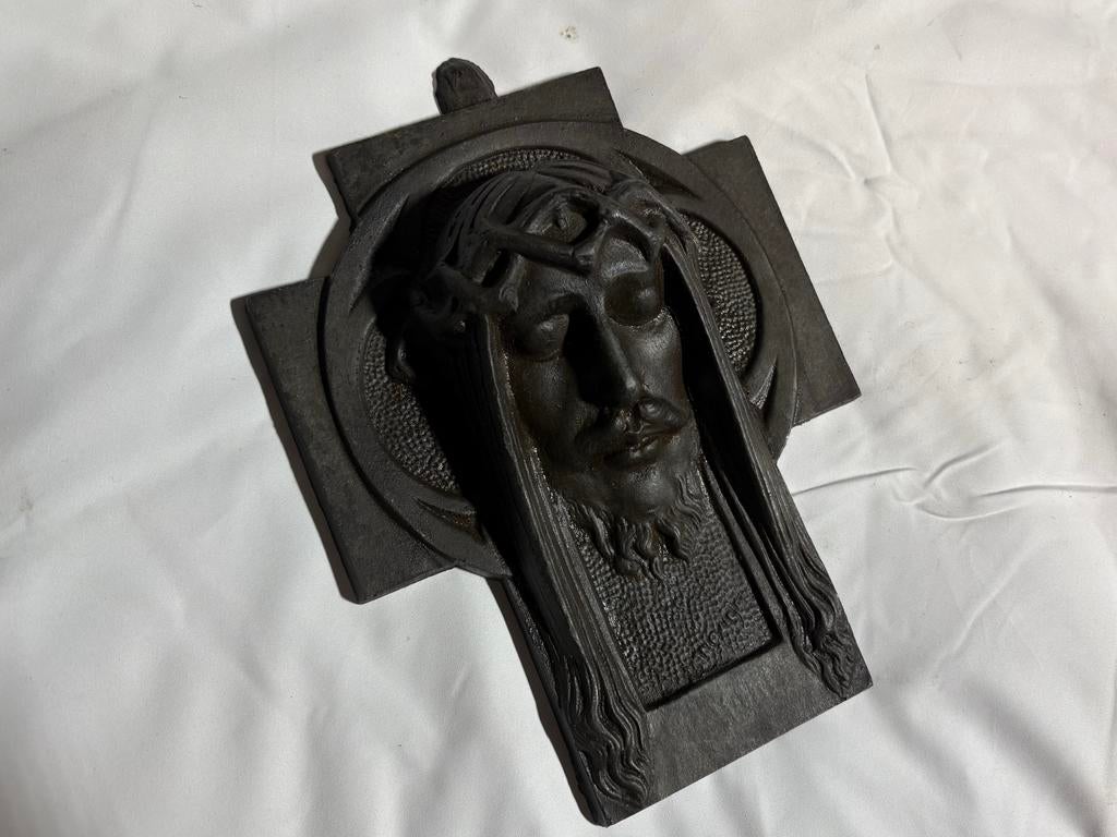 Zware metalen religieuze plaquette Hoofd van Christus, Antiek en Kunst, Antiek | Religie, Ophalen of Verzenden