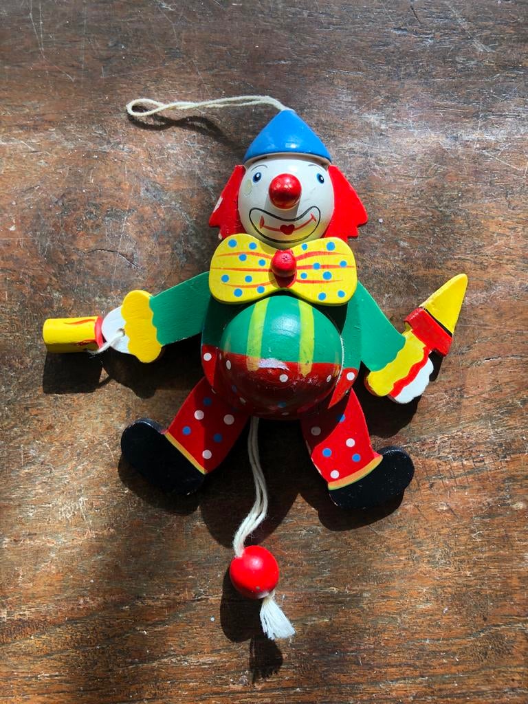 Vintage Houten Trekpop Clown - Kleurrijk Speelgoed, Ophalen of Verzenden, Gebruikt