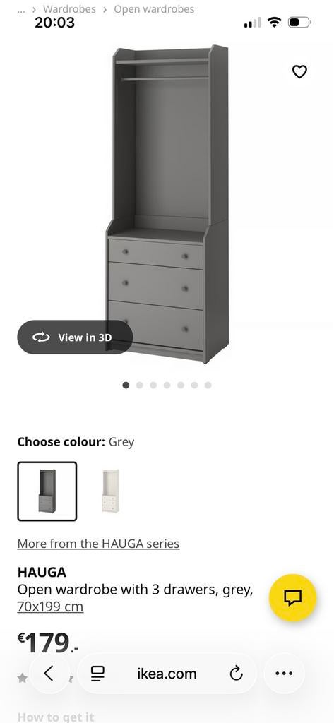 Ikea HAUGA Open wardrobe with 3 drawers, grey, Ophalen, Zo goed als nieuw, 50 tot 75 cm, 150 tot 200 cm
