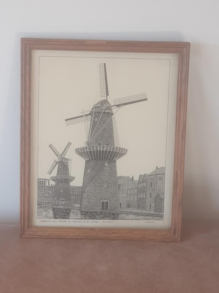 Orig A Schot  Schiedam Noordvest molens vrijheid en Noord, Antiek en Kunst, Kunst | Tekeningen en Foto's, Ophalen