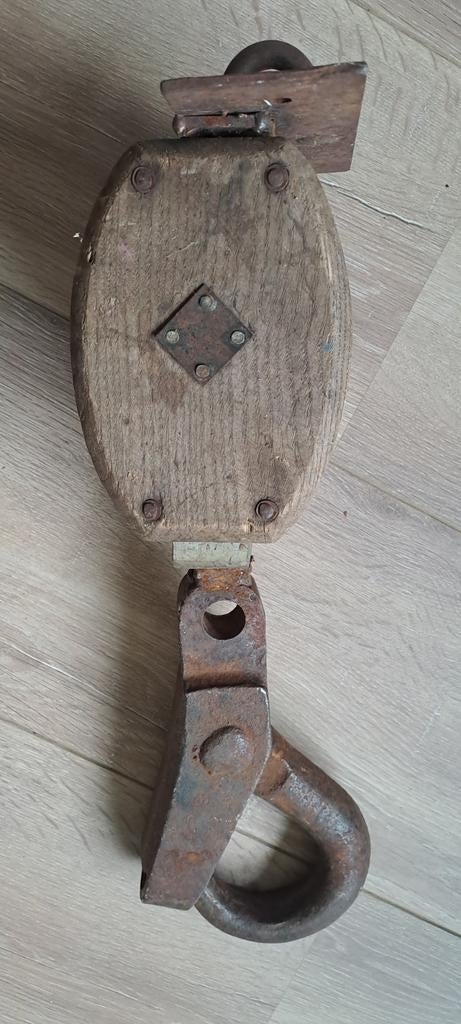 Zware houten katrol met haak - Vintage decoratie, Ophalen of Verzenden