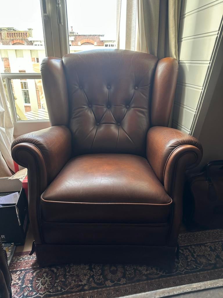 Klassieke Chesterfield fauteuil - Bruin leer, Ophalen, Gebruikt, Leer