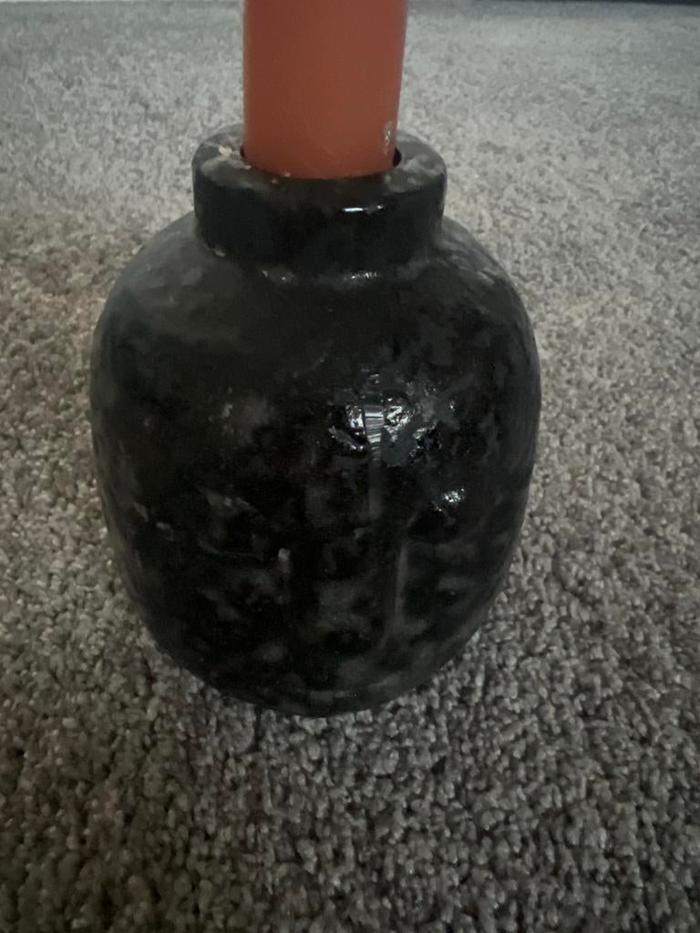 Zwarte kaarsenhouder met gezicht, Huis en Inrichting, Woonaccessoires | Kandelaars en Kaarsen, Ophalen, Overige materialen, Gebruikt