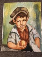 Schilderij jongen met appel olieverf op doek, Ophalen of Verzenden