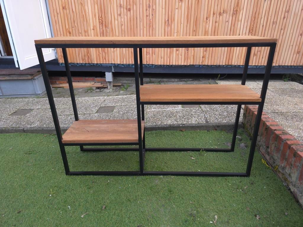 Industriële bijzettafel/console tafel met 2 niveaus, Ophalen of Verzenden, Zo goed als nieuw, 25 tot 50 cm, Rechthoekig