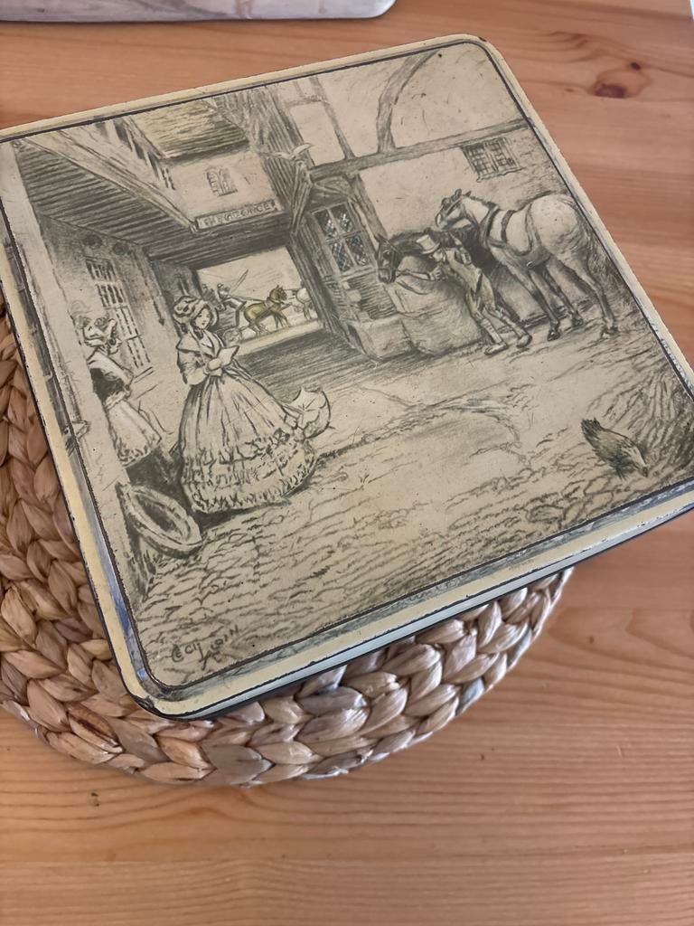 Oude blikken doos met afbeeldingen, Verzamelen, Blikken, Ophalen, Gebruikt, Overige, Overige merken