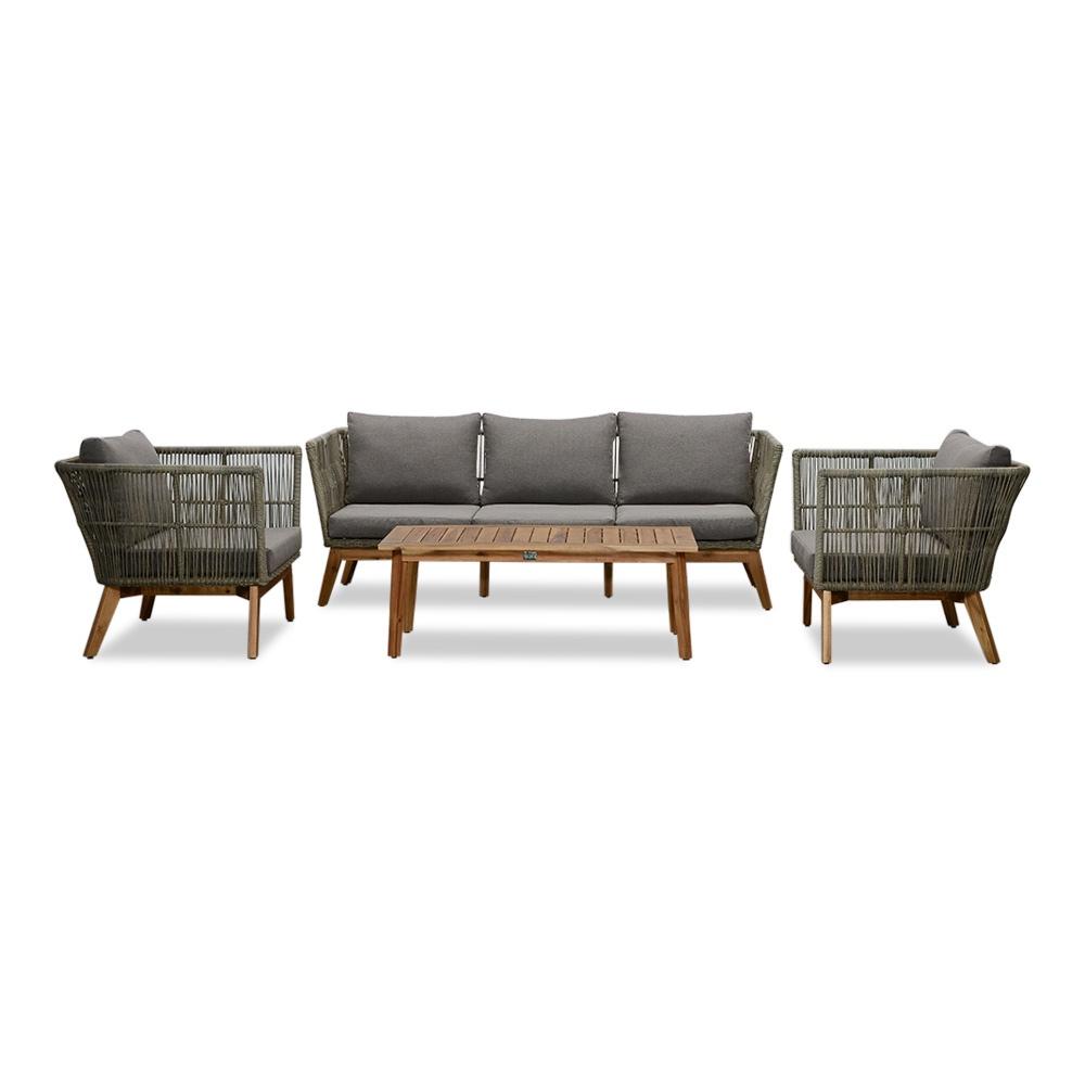 Lissabon stoel-bank loungeset | hardhout + wicker | 4-delig, Ophalen, 5 zitplaatsen, Loungeset, Hout