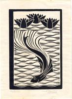 Adrianus Remiens houtsnede "Vis en 3 Lotusbloemen", gesignee, Ophalen