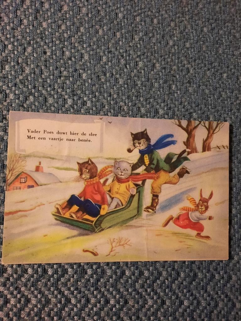 Vintage Ansichtkaart: Vader Poes duwt de slee (1954), Ophalen of Verzenden, 1940 tot 1960, Gelopen