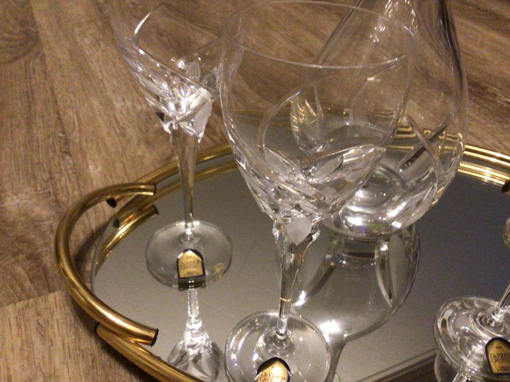 Kristallen karaf met 4 wijnglazen en gouden blad, Ophalen of Verzenden