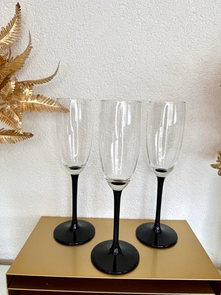 Vintage Luminarc Domino Champagneflûtes - Zwart/Helder, Ophalen of Verzenden