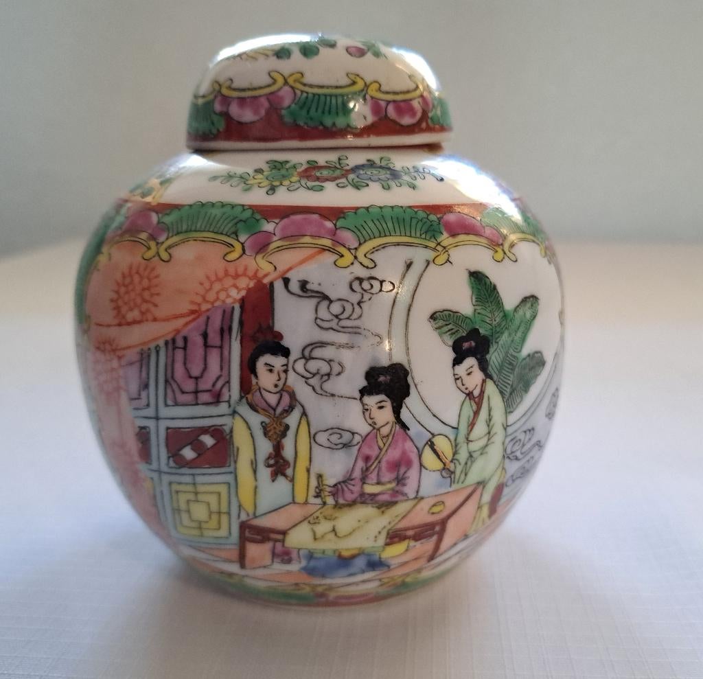 Oude chinese porselein gemberpot famille rose vrouw vogel, Verzenden