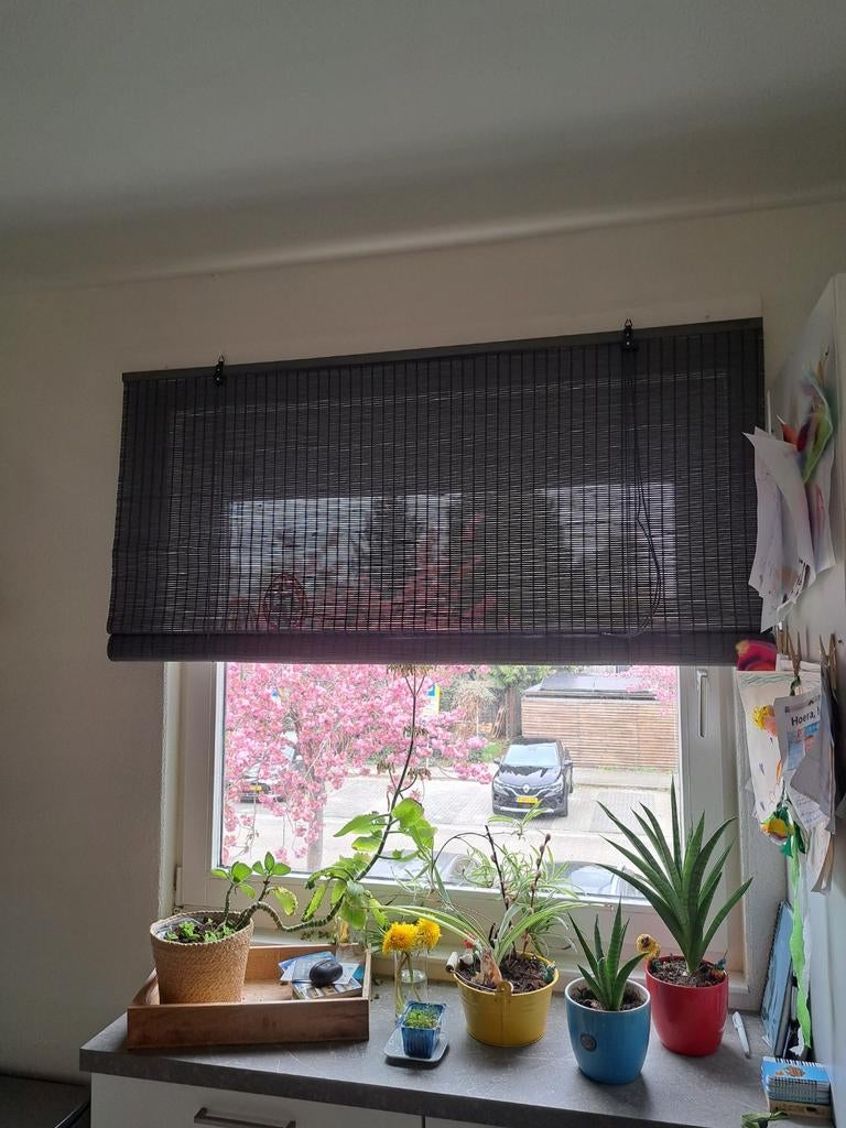 Bamboe rolgordijn grijs, Ophalen, Grijs, 100 tot 150 cm