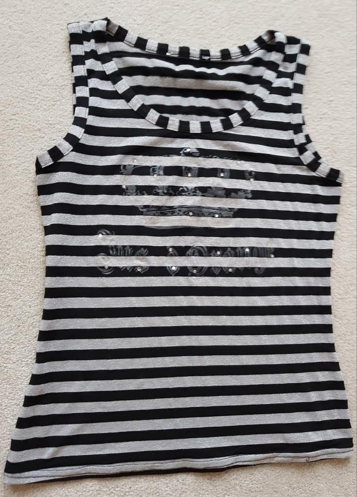 Hemd tshirt strepen zwart zilver grijs glitters xs s kroon, Verzenden, Zo goed als nieuw, Zonder mouw, Maat 34 (XS) of kleiner