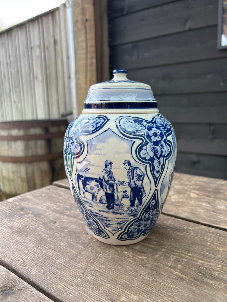 Delfts Blauwe Vaas met Deksel - Boerderij Thema - Regina, Antiek en Kunst, Ophalen