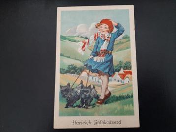 meisje, rode muts en sjaal met 2 hondjes, stempel R'dam,1952 beschikbaar voor biedingen