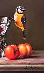 Schilderij pruimen, pimpelmees op een glas., Antiek en Kunst, Ophalen of Verzenden