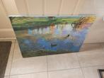 Schilderij landschap met meerkoet op vijver, acryl 80x60cm, Ophalen of Verzenden