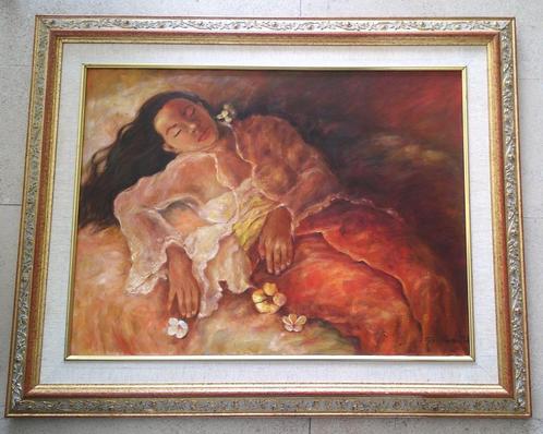 Slapende Aziatische jonge vrouw 1997 -onduidelijk gesigneerd, Antiek en Kunst, Kunst | Schilderijen | Klassiek, Ophalen