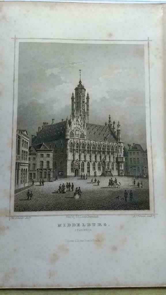 093 A Middelburg Stadhuis Staalgravure 1860 wat vlekjes, Antiek en Kunst, Kunst | Etsen en Gravures, Ophalen of Verzenden