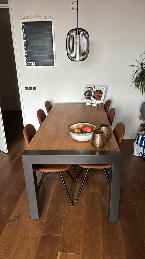 Eettafel hout industrieel met stalen poten, Huis en Inrichting, Tafels | Eettafels, Gebruikt, 50 tot 100 cm, 200 cm of meer, Vijf personen of meer