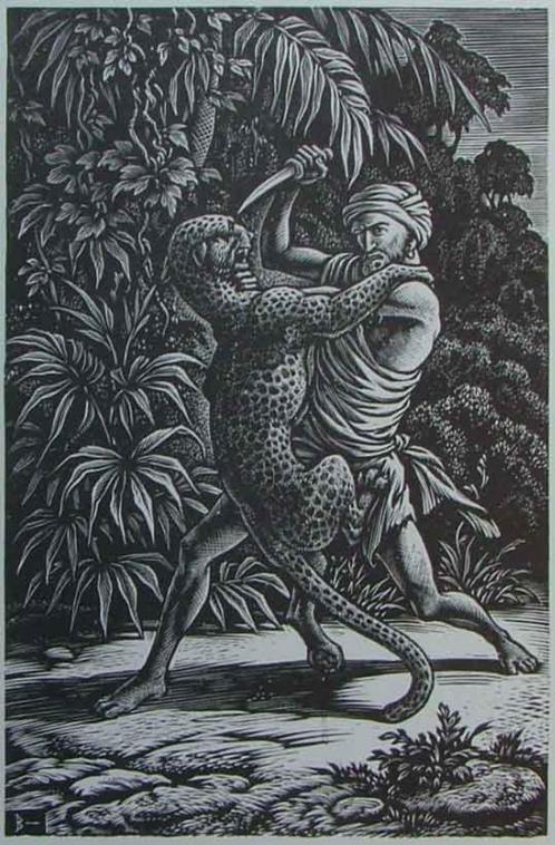 Nico Bulder (1898 1964) Houtsnede 'Gevecht met panter' ~1930, Antiek en Kunst, Kunst | Etsen en Gravures, Verzenden