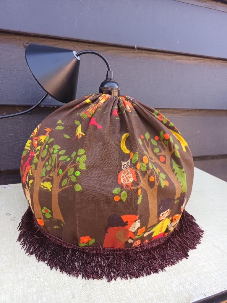 Unieke vintage stoffen hanglamp met bosdierenprint, Gebruikt, Ophalen of Verzenden, Nvt, Stof