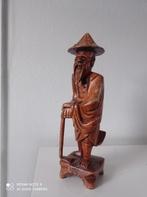 Chinese Antique Wooden Carved Statue 'Man with Walking Stick, Ophalen of Verzenden