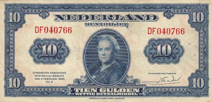 Wilhelmina muntbiljet -10 gulden 4.2.1943 ZF/P -P66,AV33.1, Postzegels en Munten, Bankbiljetten | Nederland, 10 gulden, Verzenden