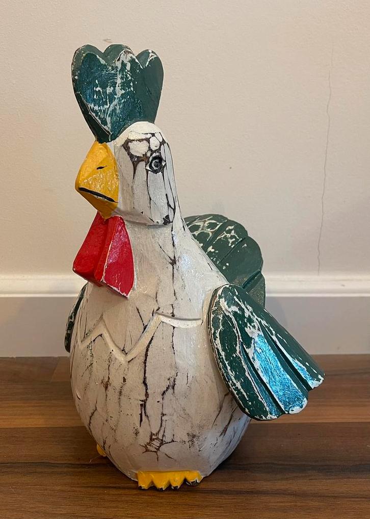 Handgemaakte houten gekleurde kip +/- 30cm hoog, Antiek en Kunst, Kunst | Beelden en Houtsnijwerken, Ophalen of Verzenden