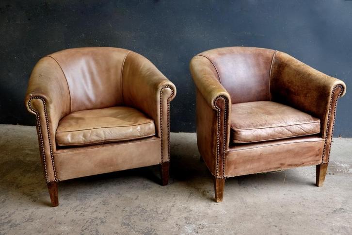 2 vintage Engelse leren lounge fauteuils -gerestaureerd, Huis en Inrichting, Fauteuils, Zo goed als nieuw, Leer, 75 tot 100 cm